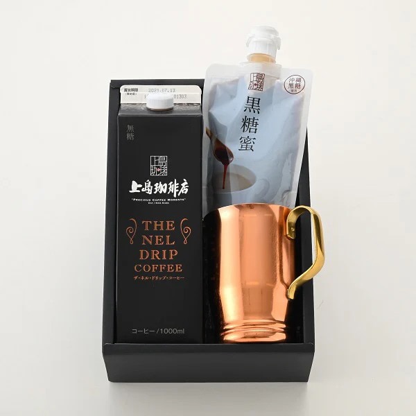 【送料無料】上島珈琲店 THE NEL DRIP COFFEE（リキッドコーヒー）1000ml＆銅マグ＆黒糖蜜 ギフトセット 包装済み