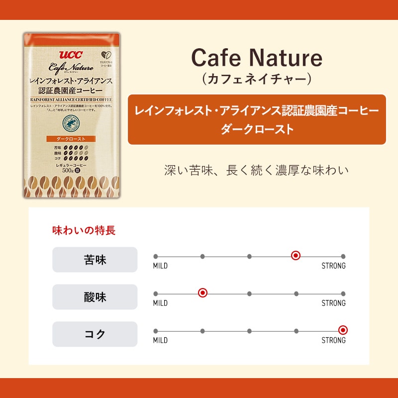 【アウトレット】30％OFF！＜業務用＞UCC カフェネイチャー レインフォレスト・アライアンス認証農園産コーヒー ダークロースト 500g（豆）