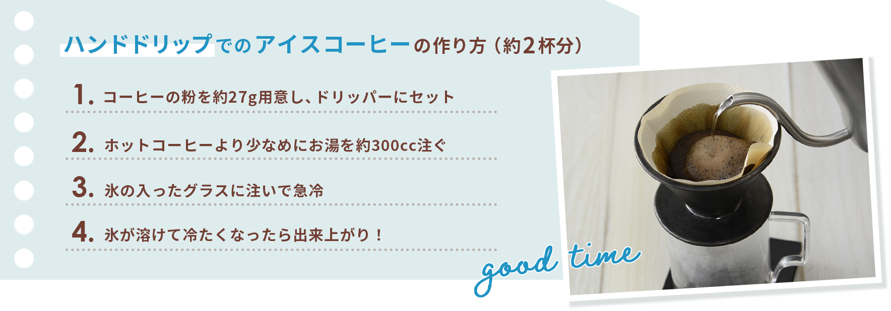 ハンドドリップでのアイスコーヒーの作り方（約2杯分） 1.コーヒーの粉を約27g用意し、ドリッパーにセット 2.ホットコーヒーより少なめにお湯を約300cc注ぐ 3.氷の入ったグラスに注いで急冷 4.氷が溶けて冷たくなったら出来上がり！