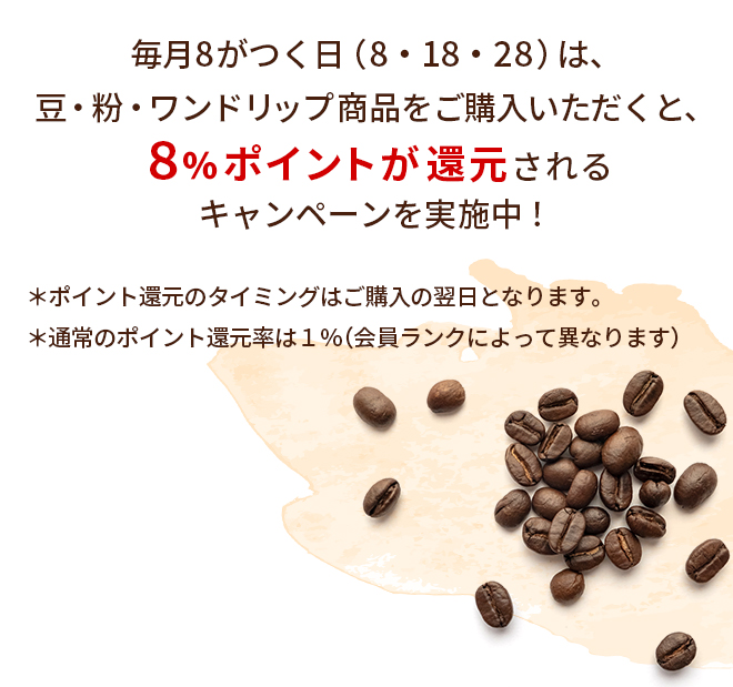 毎月8がつく日（8・18・28）は、豆・粉・ワンドリップ商品をご購入いただくと、８％ポイントが還元されるキャンペーンを実施中！  ＊ポイント還元のタイミングはご購入の翌日となります。 ＊通常のポイント還元率は１％（会員ランクによって異なります）