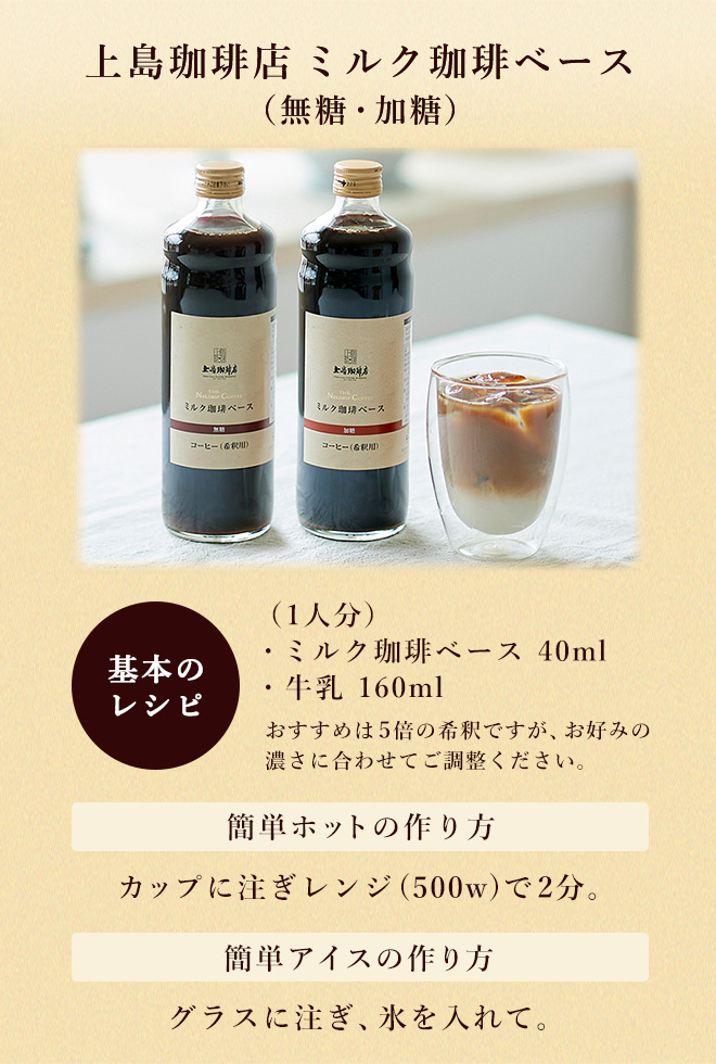 上島珈琲店 ミルク珈琲ベース（無糖・加糖）★基本のレシピ（1人分）・ミルク珈琲ベース 40ml・牛乳 160ml　おすすめは5倍の希釈ですが、お好みの濃さに合わせてご調整ください。◆簡単ホットの作り方　カップに注ぎレンジ(500w)で2分。◆簡単アイスの作り方　グラスに注ぎ、氷を入れて。