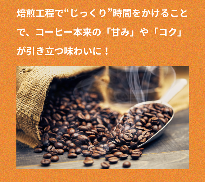 焙煎工程で“じっくり”時間をかけることで、コーヒー本来の「甘み」や「コク」が引き立つ味わいに！