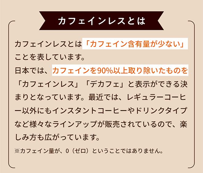 カフェインレスとは「カフェイン含有量が少ない」ことを表しています。日本では、カフェインを90%以上取り除いたものを「カフェインレス」「デカフェ」と表示ができる決まりとなっています。最近では、レギュラーコーヒー以外にもインスタントコーヒーやドリンクタイプなど様々なラインアップが販売されているので、楽しみ方も広がっています。※カフェイン量が、0（ゼロ）ということではありません。