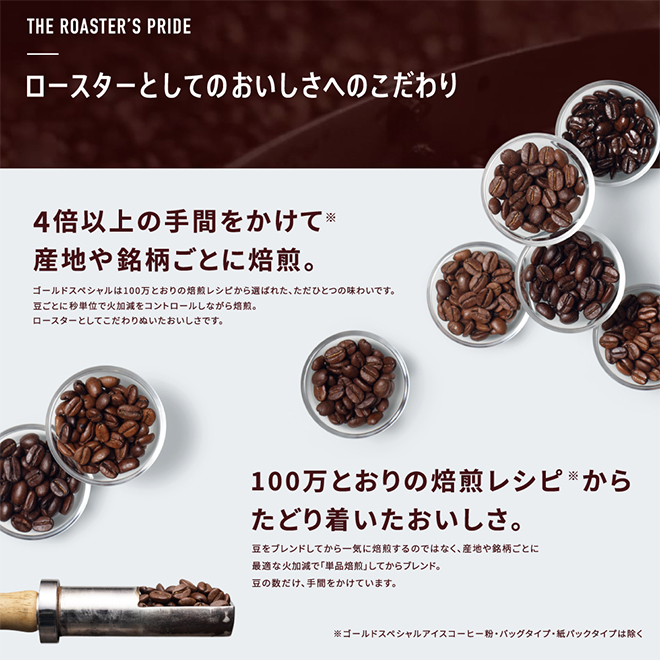 ロースターとしてのおいしさへのこだわり 4倍以上の手間をかけて産地や銘柄ごとに焙煎。100万とおりの焙煎レシピからたどり着いたおいしさ。