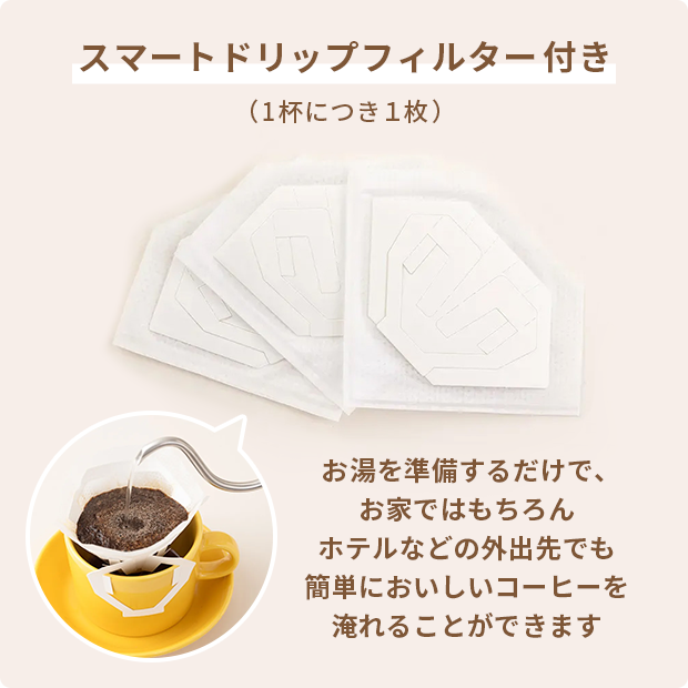 スマートドリップフィルター付き(1杯につき1枚)お湯を準備するだけで、お家ではもちろん、ホテルなどの外出先でも簡単においしいコーヒーを淹れることができます。
