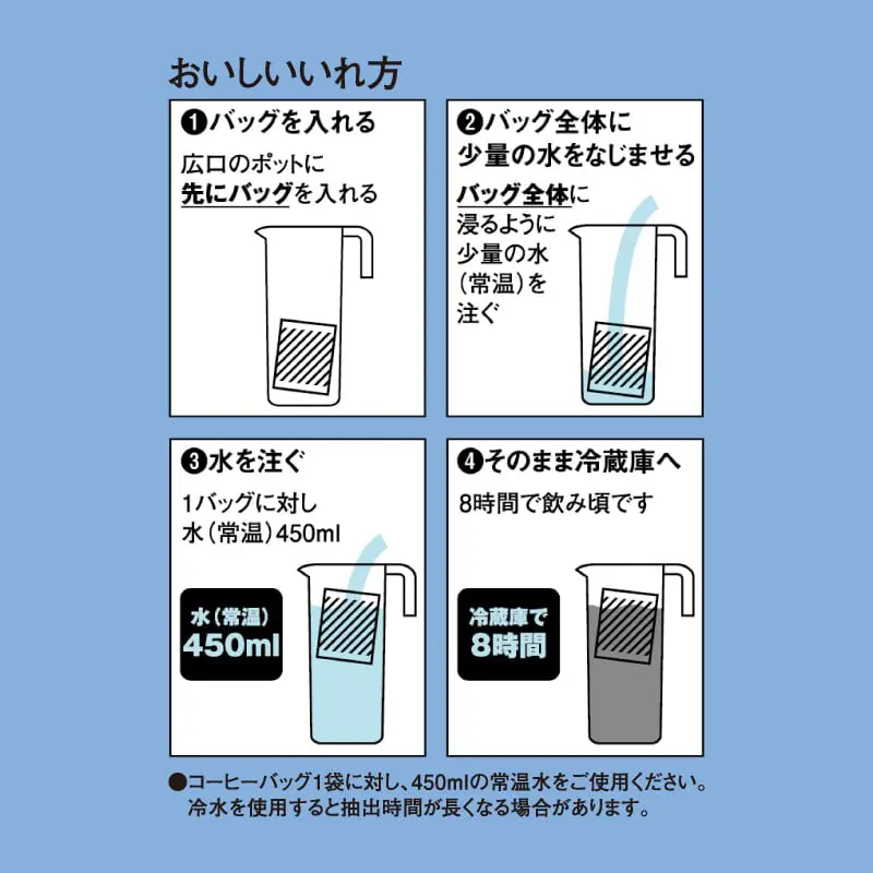 おいしいいれ方 1.バッグを入れる 2.バッグ全体に少量の水をなじませる 3.水を注ぐ 4.そのまま冷蔵庫へ ●コーヒーバッグ1袋に対し、450mlの常温水をご使用ください。冷水を使用すると抽出時間が長くなる場合があります。